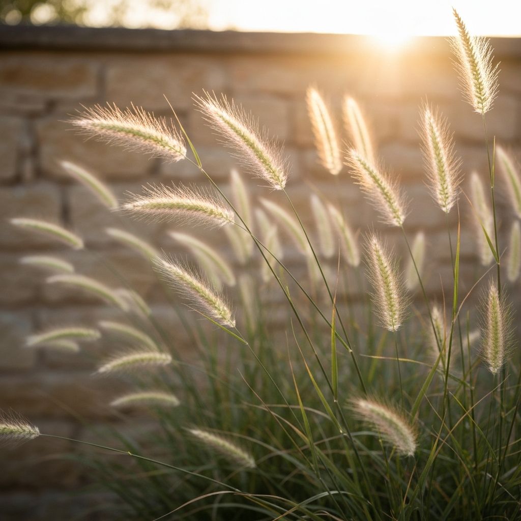 Detail of grasses against a warm limestone wall