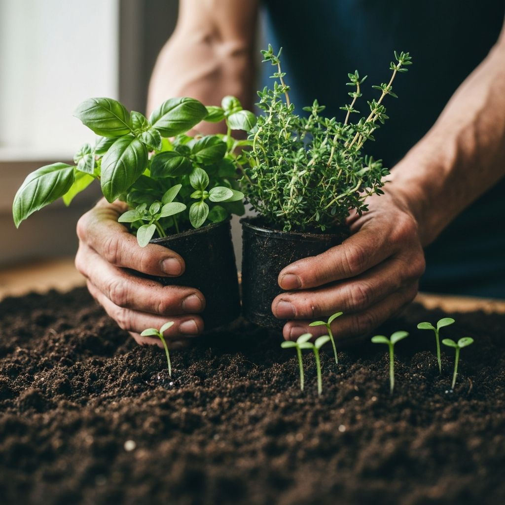 Hands holding seedlings and herbs over dark soil